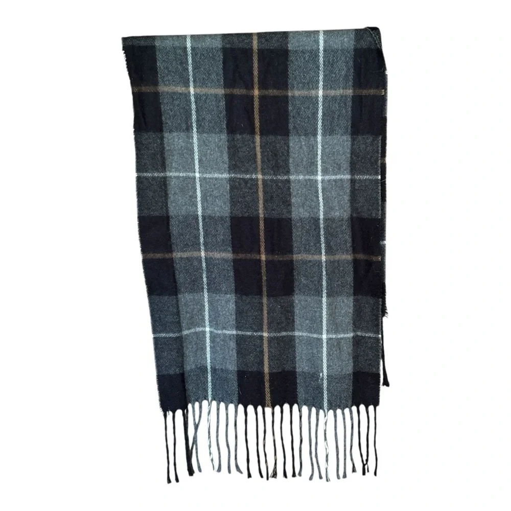 Black and Gray Plaid Knit Scarf with Fringe Made in Italy